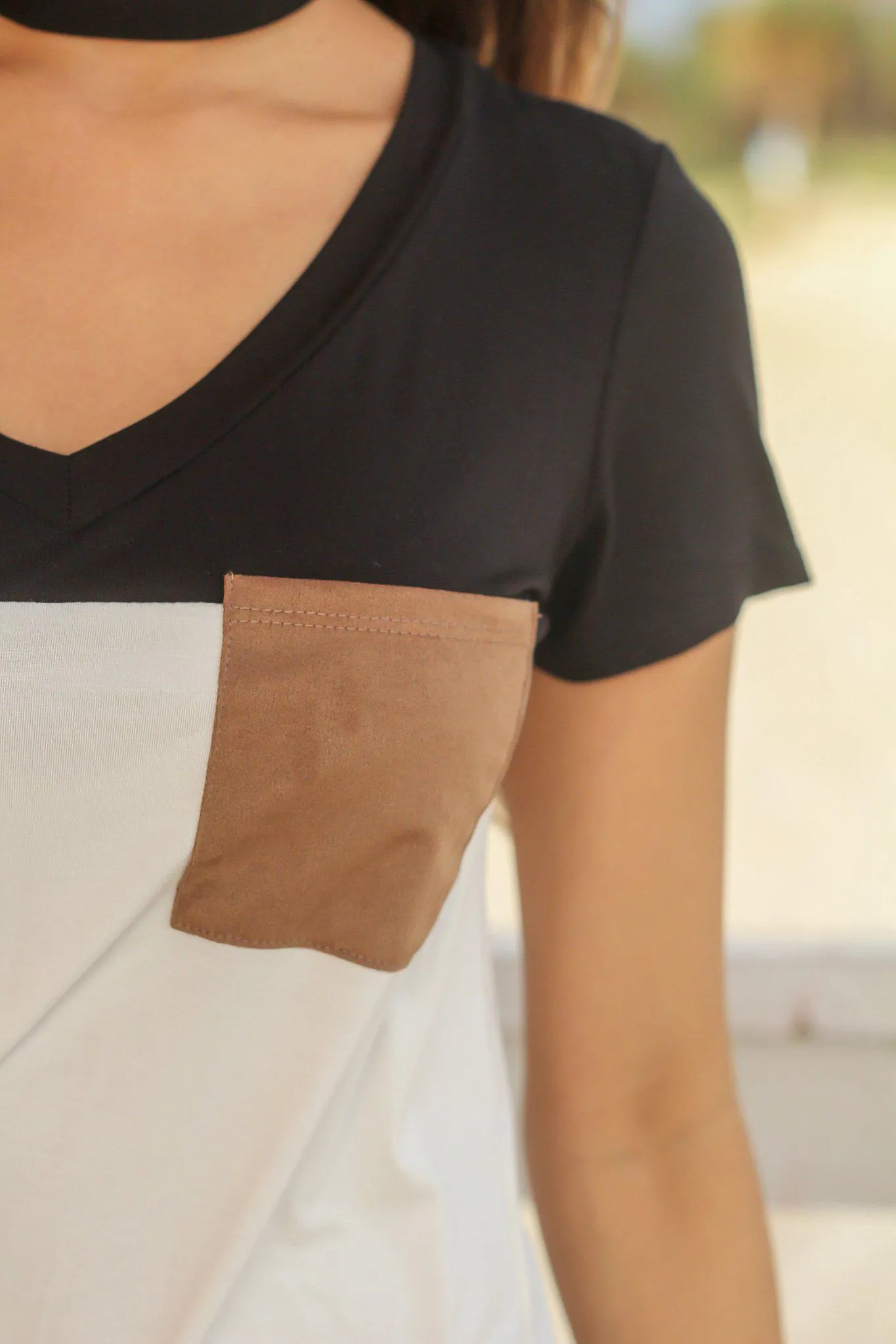 Black and Ivory Top with Suede Pocket