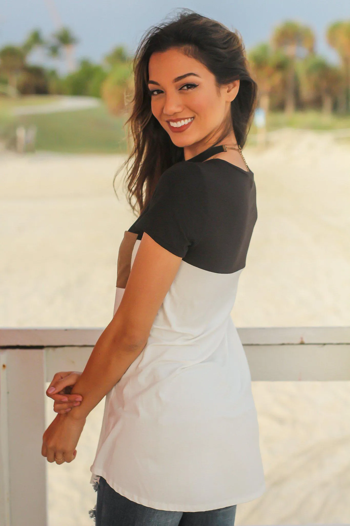 Black and Ivory Top with Suede Pocket