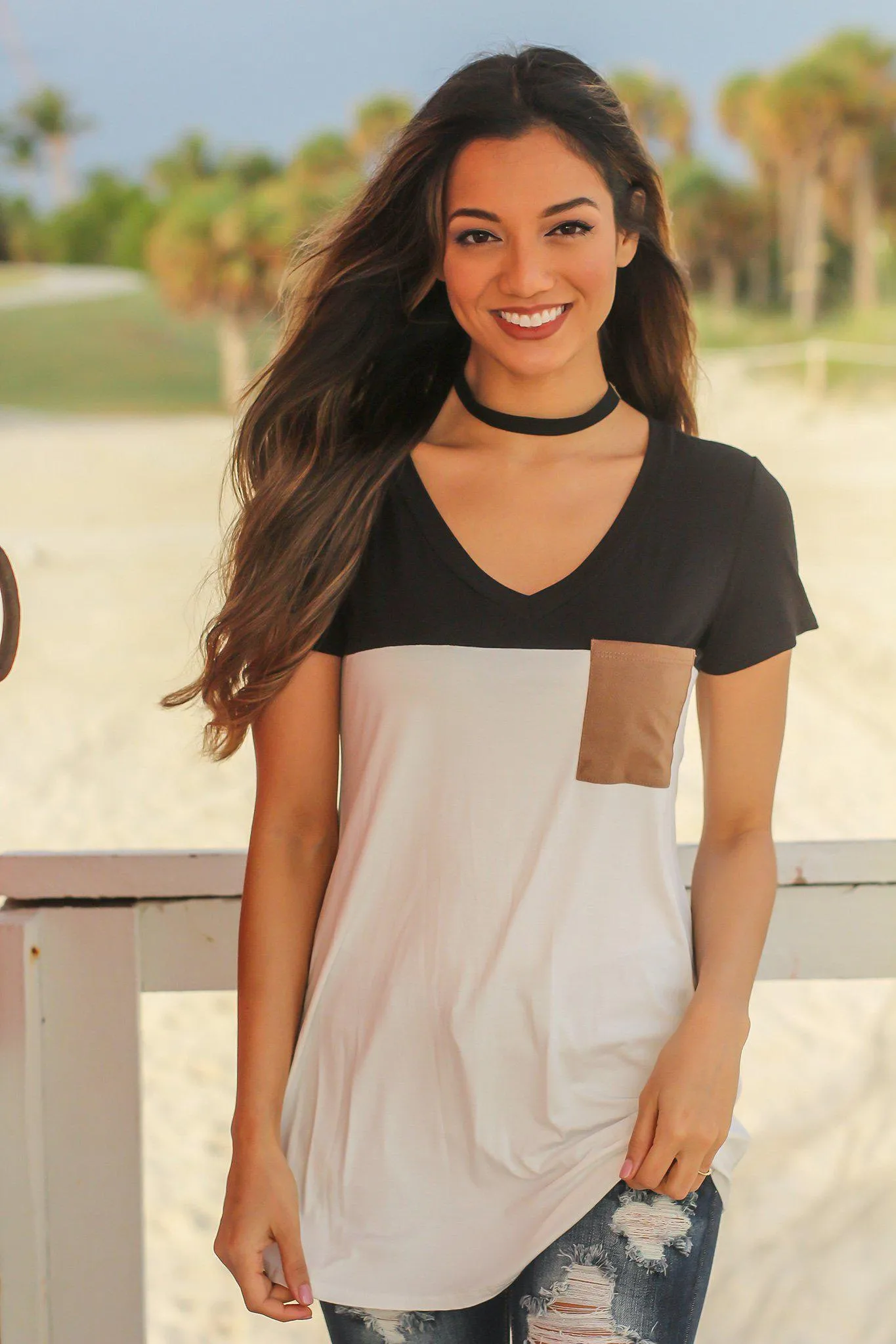 Black and Ivory Top with Suede Pocket