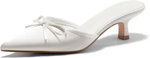 Coutgo Womens Kitten Heels Mules with Bow Satin Slip on Pumps Closed Pointed Toe Dress Wedding Party Shoes
