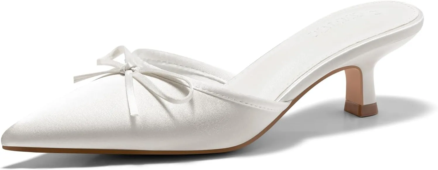 Coutgo Womens Kitten Heels Mules with Bow Satin Slip on Pumps Closed Pointed Toe Dress Wedding Party Shoes