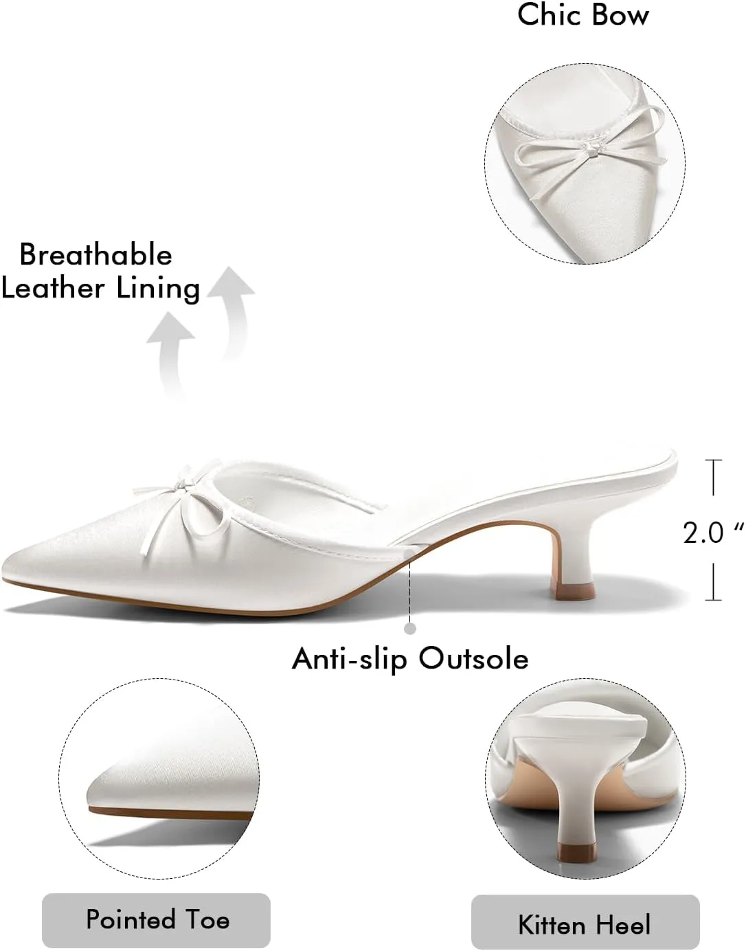 Coutgo Womens Kitten Heels Mules with Bow Satin Slip on Pumps Closed Pointed Toe Dress Wedding Party Shoes