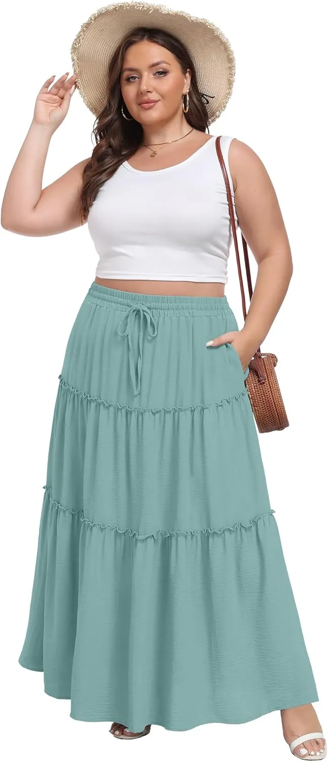 Lepunuo Womens Casual Boho High Waisted Flowy Maxi Skirts Trendy Floral Cute Long Skirts with Pockets