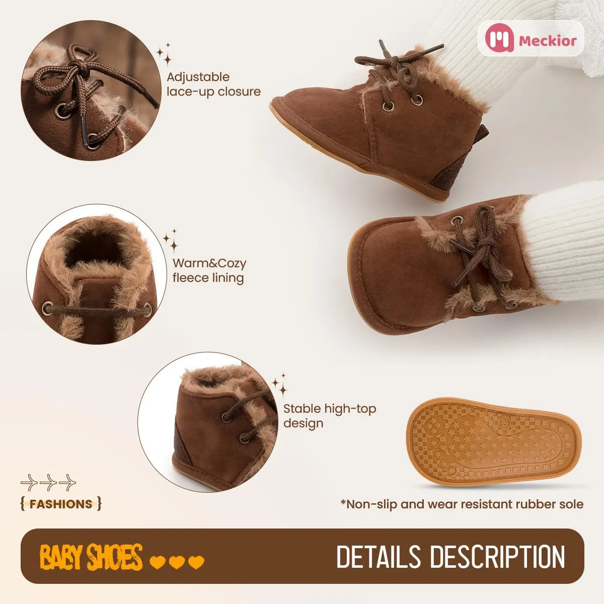 Meckior Baby Booties Newborn Infant Unisex Baby Girls Boys Velvet Rubber Anit-Slip Sole Shoes Toddler Fleece Cozy Winter Warm Prewalker Boots