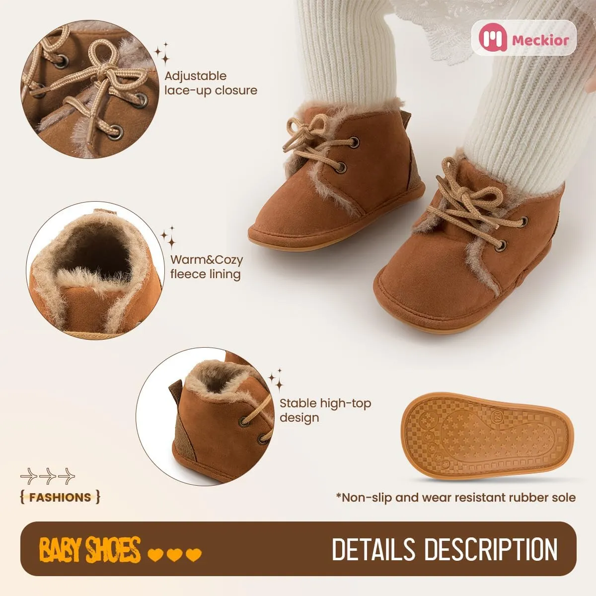 Meckior Baby Booties Newborn Infant Unisex Baby Girls Boys Velvet Rubber Anit-Slip Sole Shoes Toddler Fleece Cozy Winter Warm Prewalker Boots