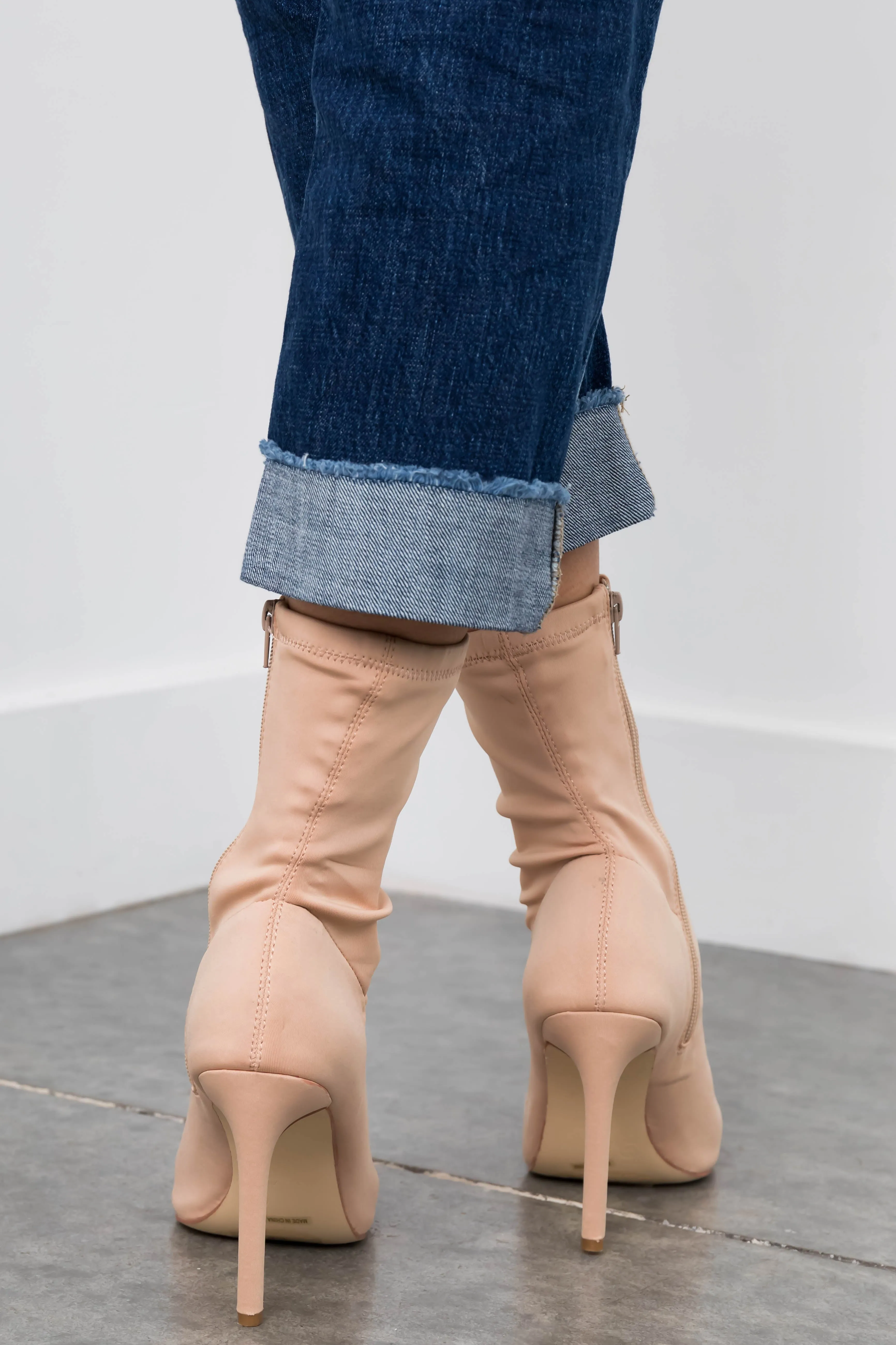 Nude Open Toe Stretchy Knit Stiletto Booties
