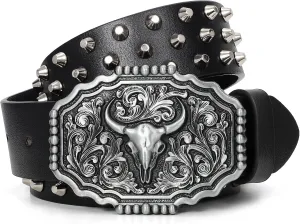 Punk & Cowboy Belts for Men & Women, PU Leather Western Punk Rock Belt with Western Bull Buckle