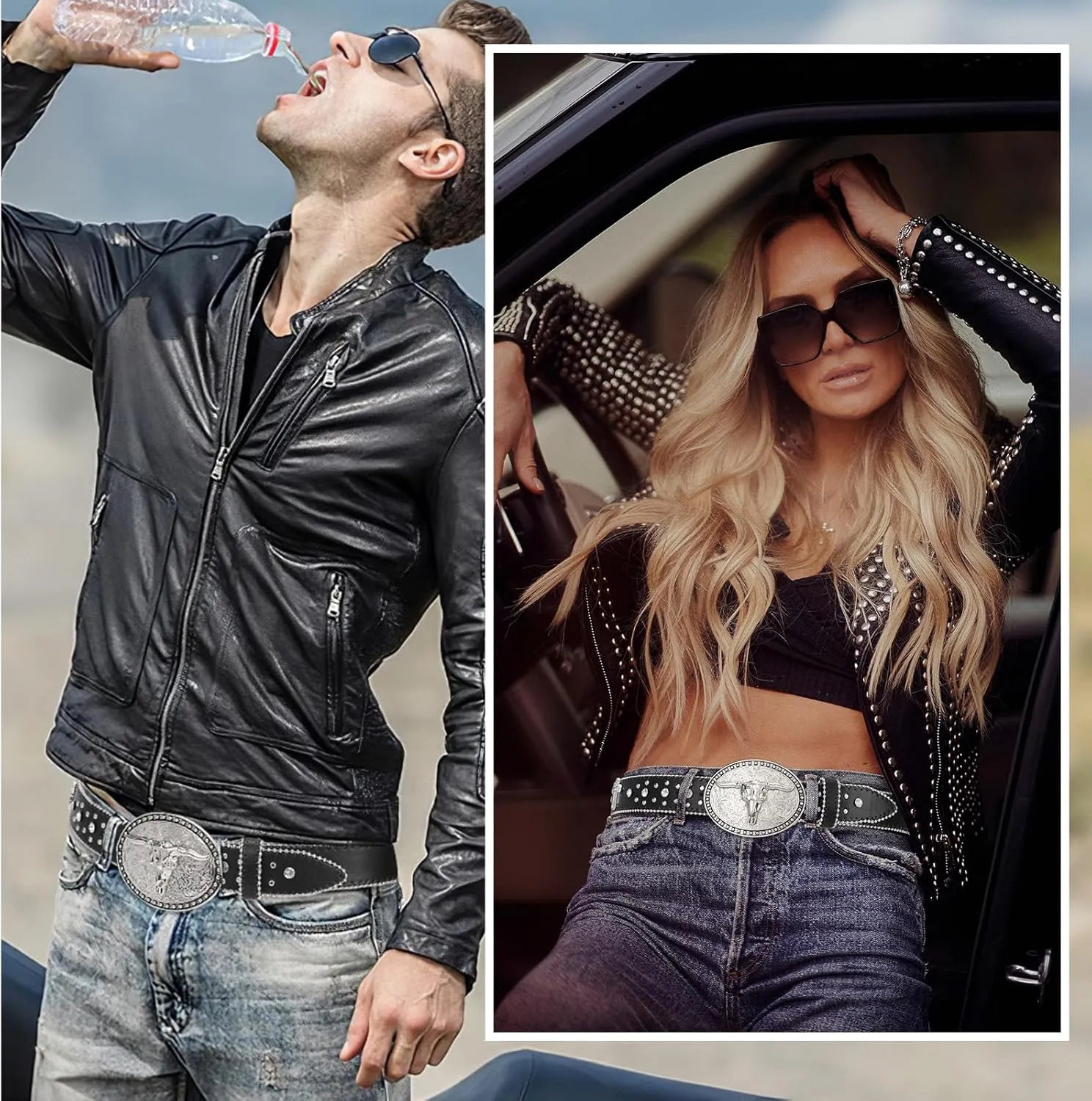 Punk & Cowboy Belts for Men & Women, PU Leather Western Punk Rock Belt with Western Bull Buckle
