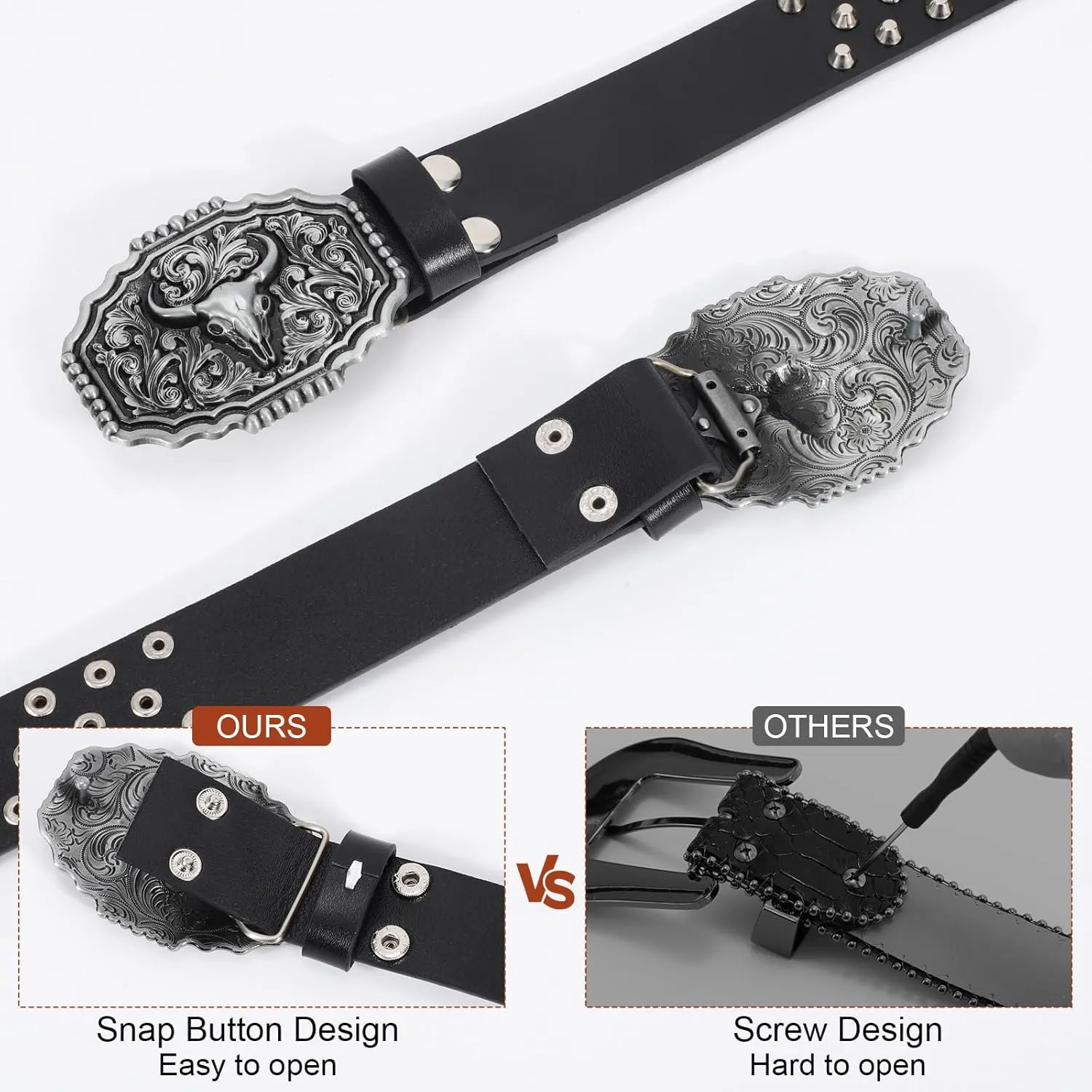 Punk & Cowboy Belts for Men & Women, PU Leather Western Punk Rock Belt with Western Bull Buckle