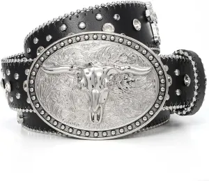 Punk & Cowboy Belts for Men & Women, PU Leather Western Punk Rock Belt with Western Bull Buckle