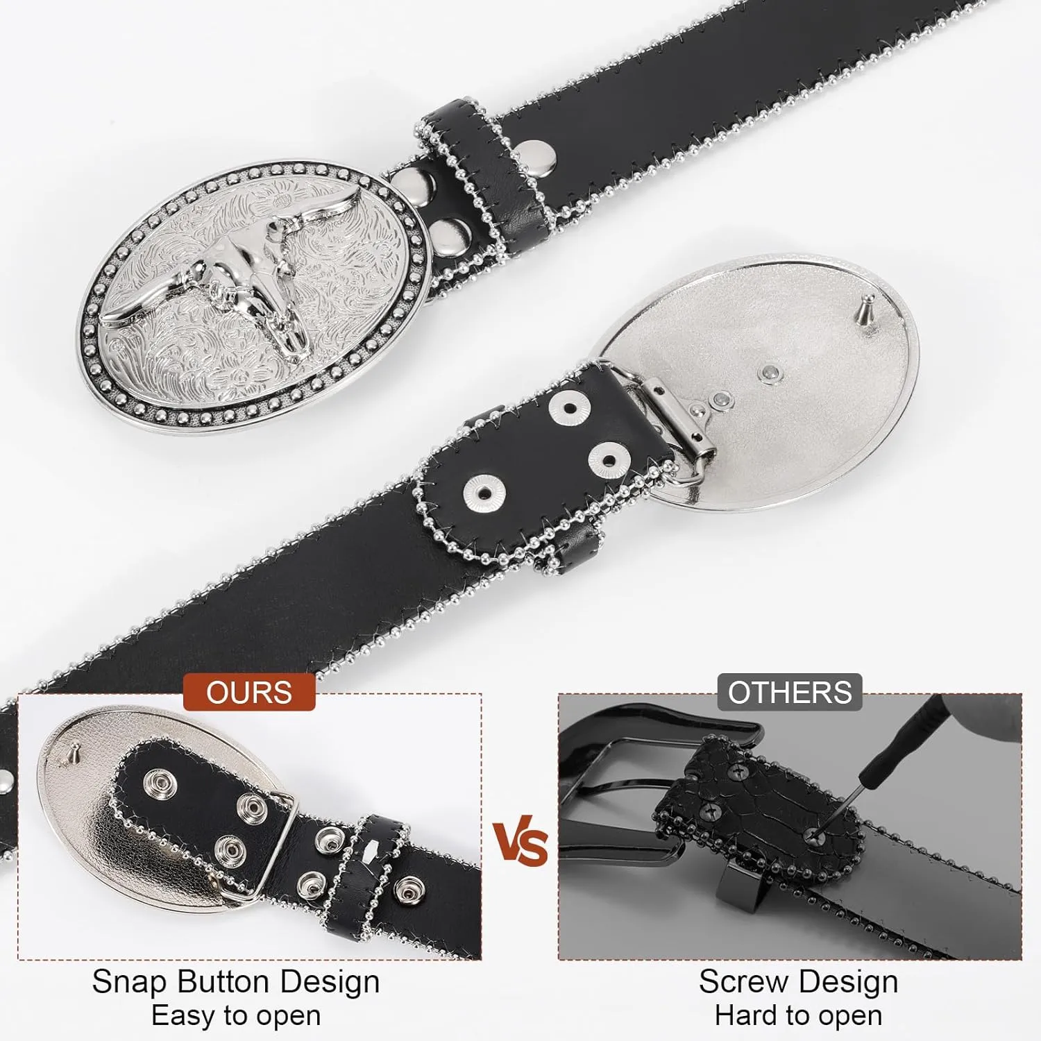 Punk & Cowboy Belts for Men & Women, PU Leather Western Punk Rock Belt with Western Bull Buckle