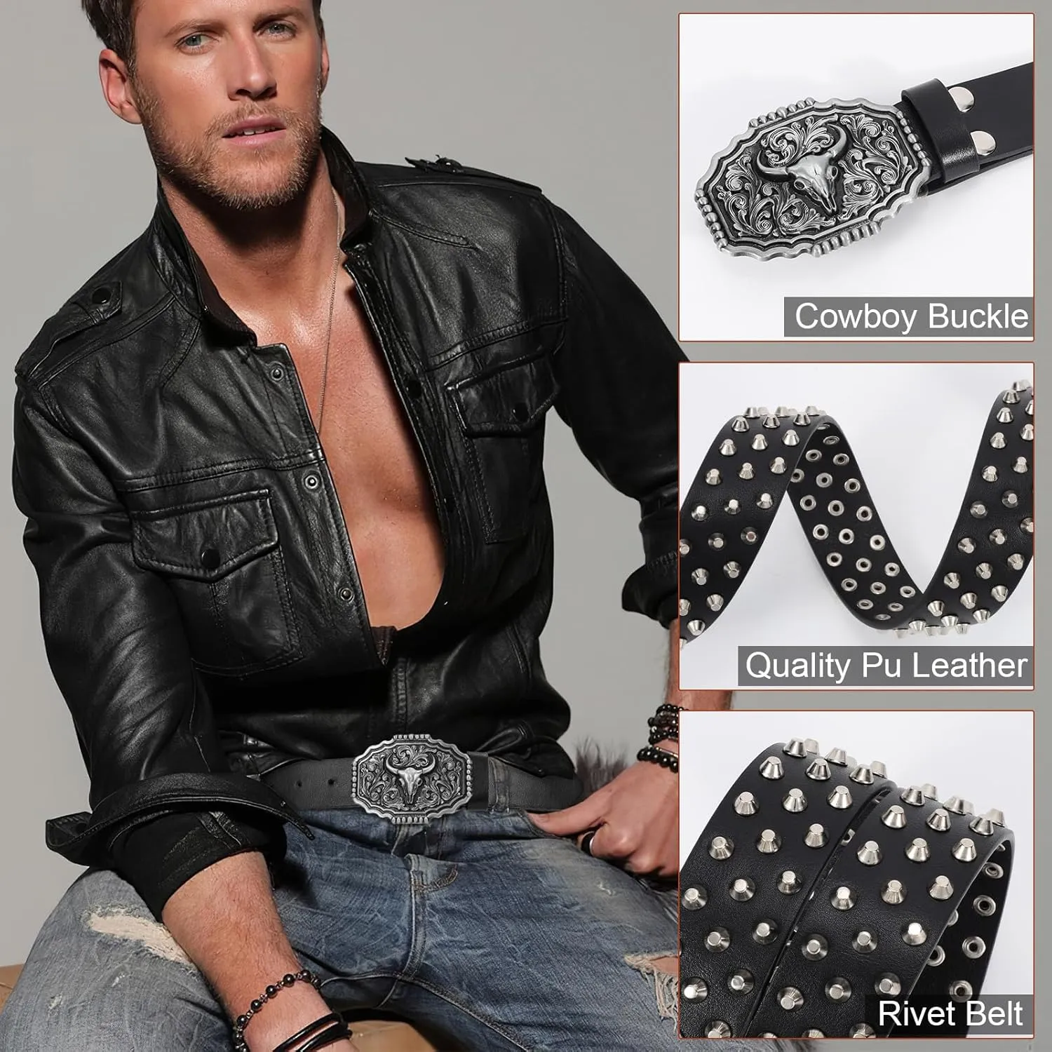 Punk & Cowboy Belts for Men & Women, PU Leather Western Punk Rock Belt with Western Bull Buckle