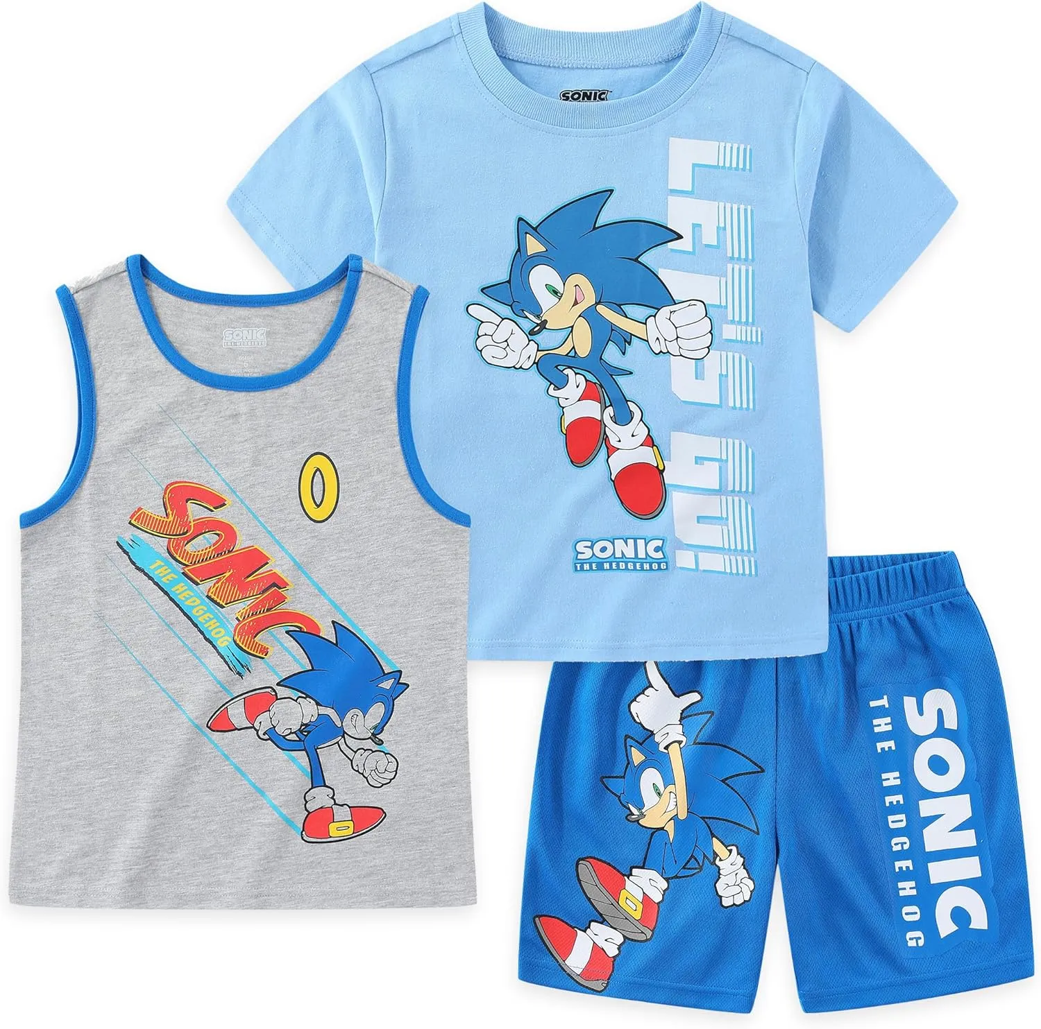 SEGA Sonic the Hedgehog Boys 3 Piece Tank Top T-Shirt and Short Set for Big Kids