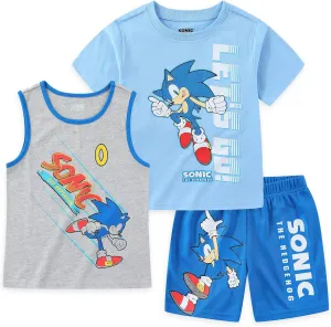 SEGA Sonic the Hedgehog Boys 3 Piece Tank Top T-Shirt and Short Set for Big Kids