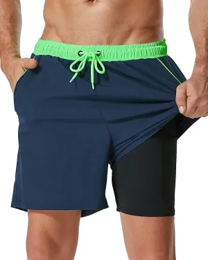 SILKWORLD Mens Swim Trunks with Compression Liner 2 in 1 Quick Dry Bathing Suit Beach Shorts with Zipper Pockets