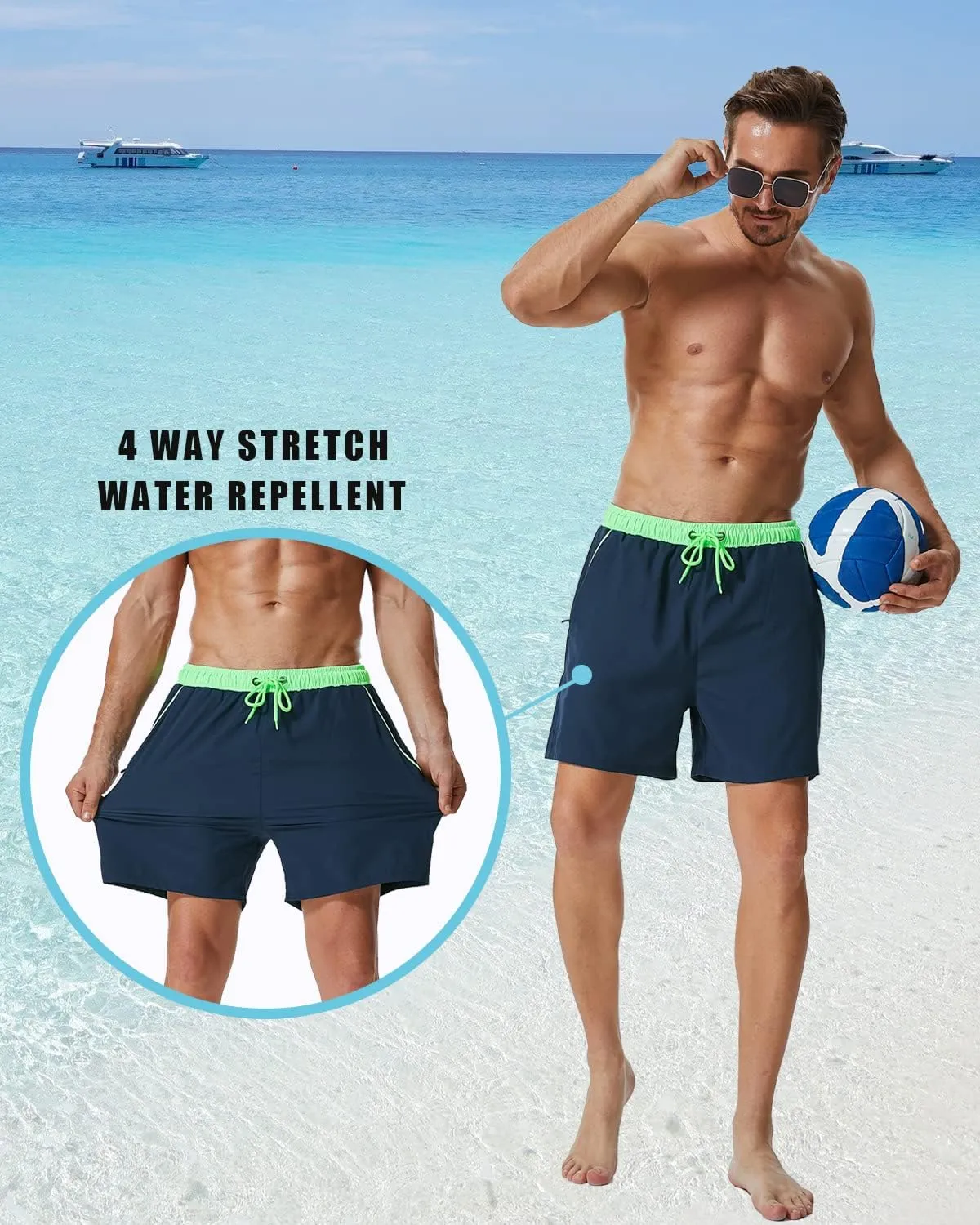 SILKWORLD Mens Swim Trunks with Compression Liner 2 in 1 Quick Dry Bathing Suit Beach Shorts with Zipper Pockets