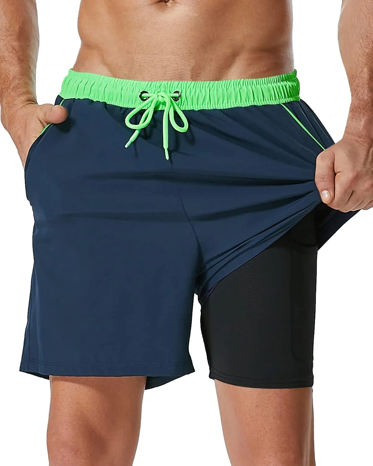 SILKWORLD Mens Swim Trunks with Compression Liner 2 in 1 Quick Dry Bathing Suit Beach Shorts with Zipper Pockets