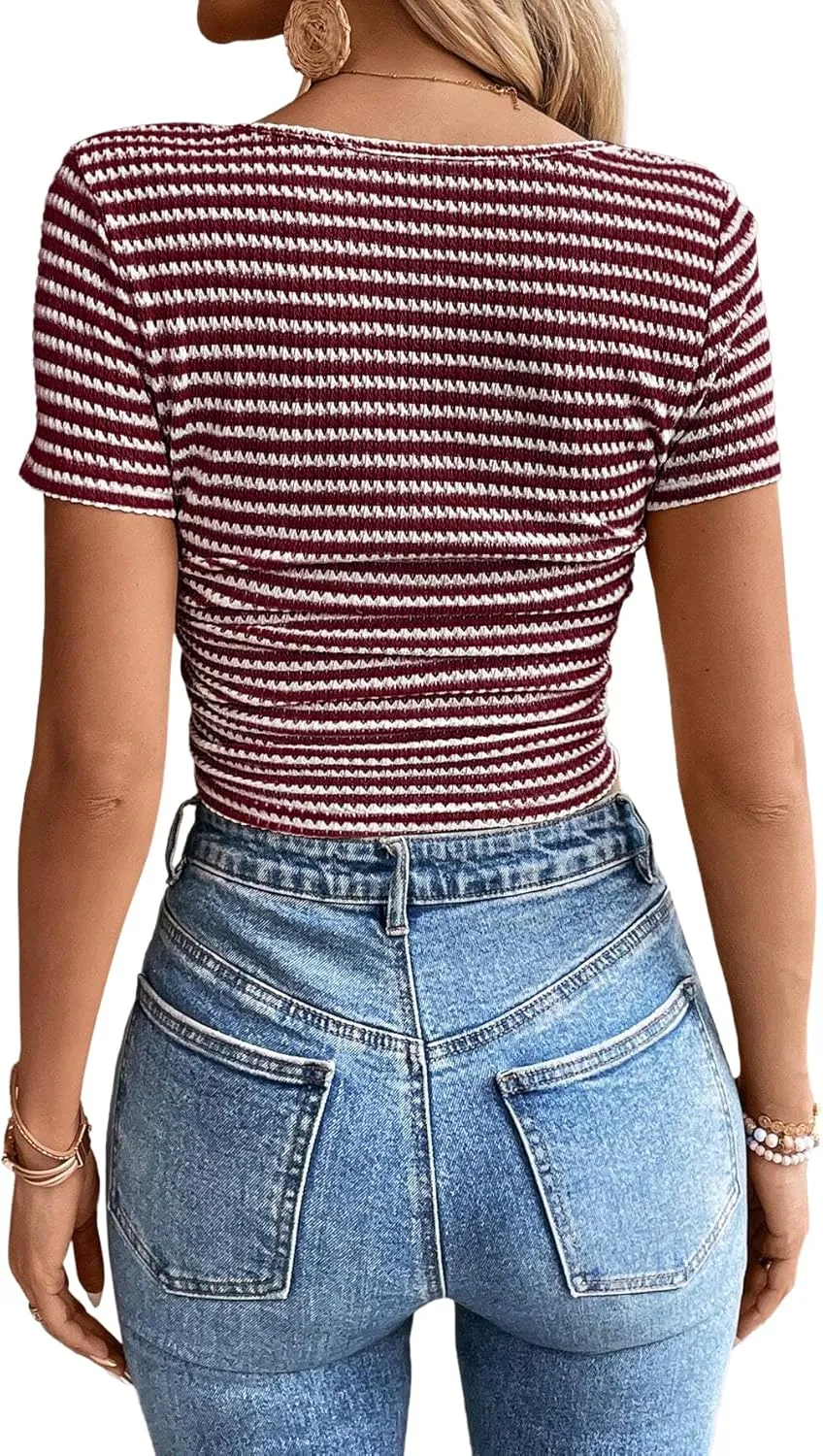 Women Summer Short Sleeve Shirts Ruched Tops Sexy Square Neck Blouses Going Out Knit T Shirt Basic Tees
