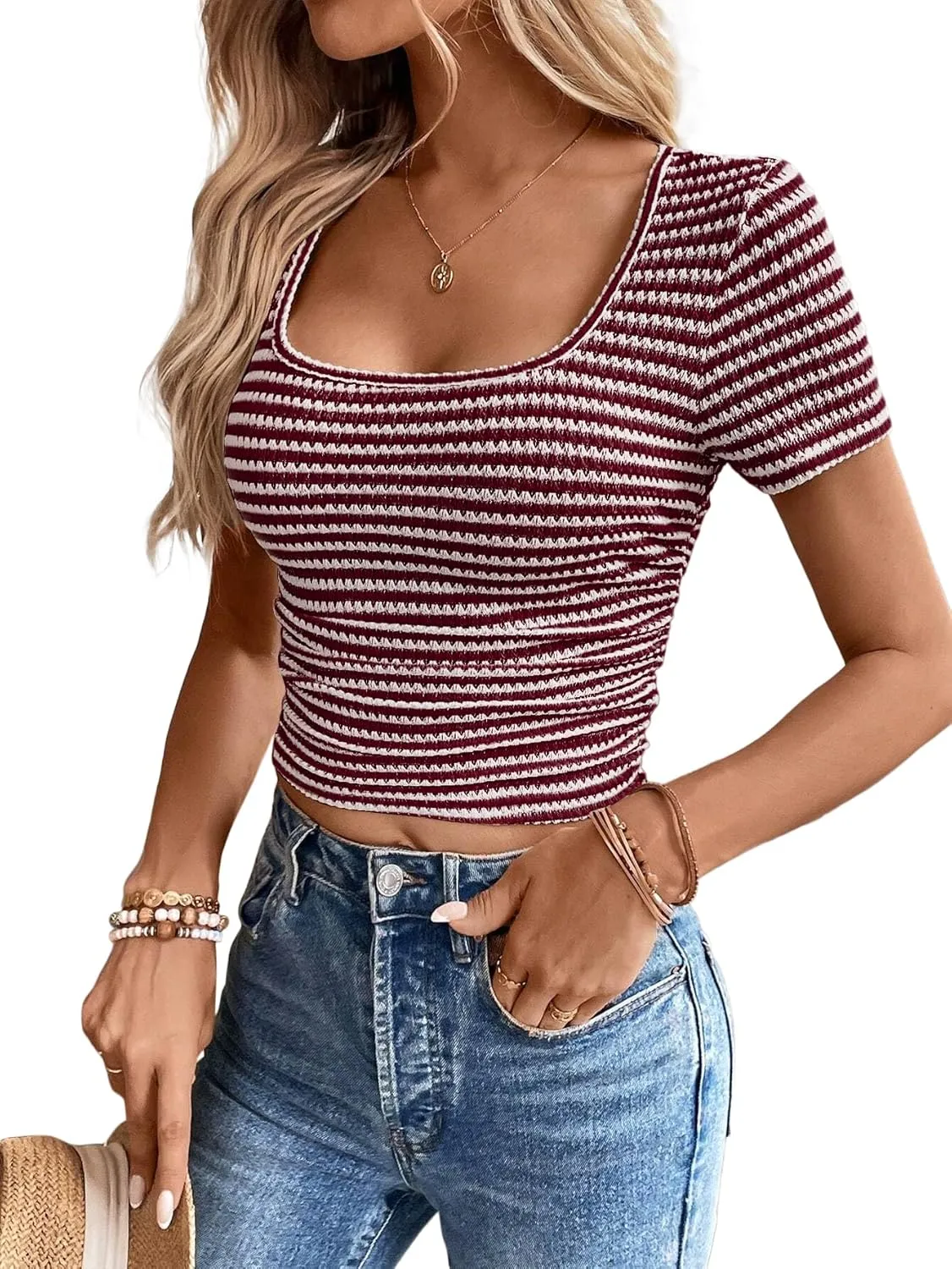 Women Summer Short Sleeve Shirts Ruched Tops Sexy Square Neck Blouses Going Out Knit T Shirt Basic Tees