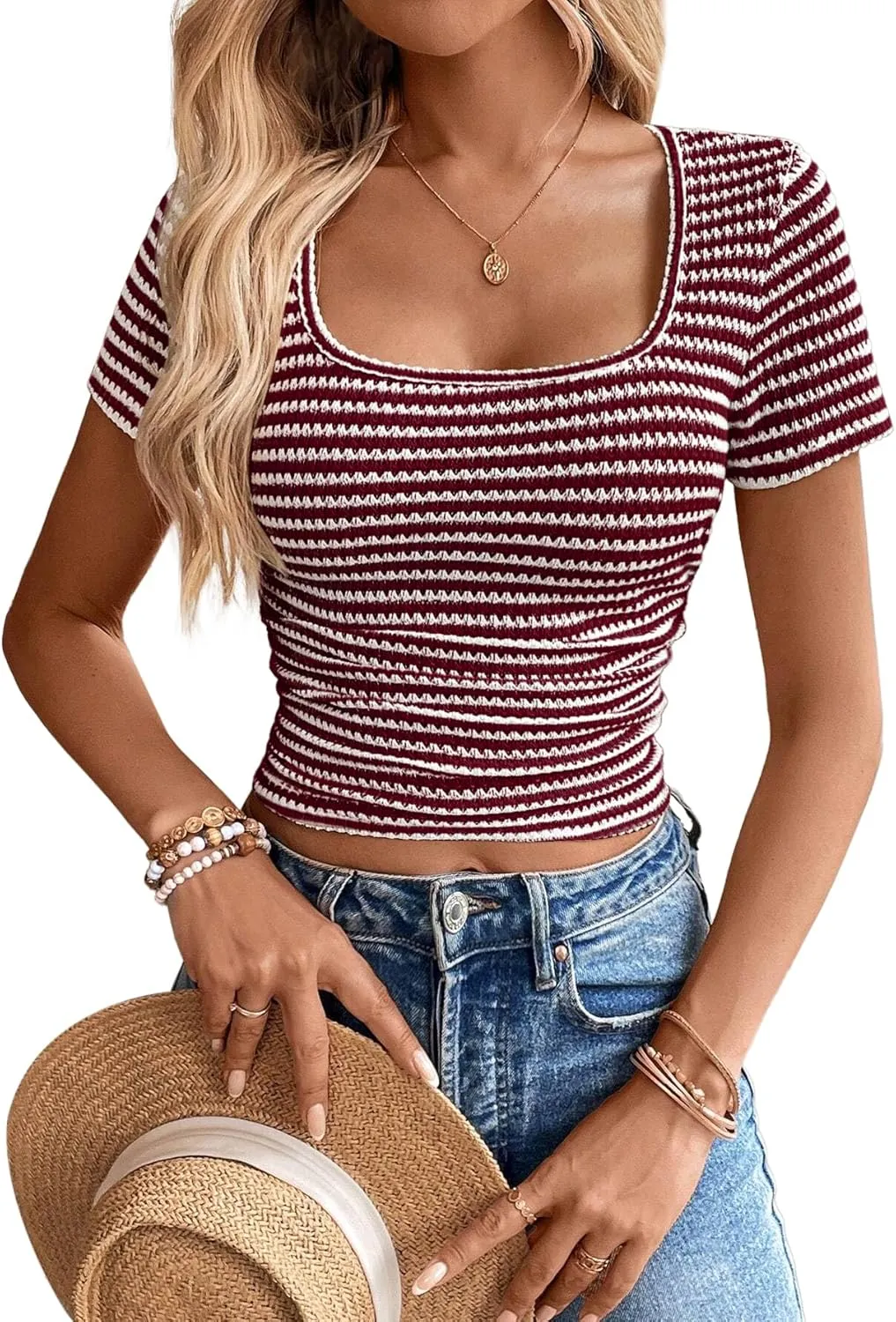 Women Summer Short Sleeve Shirts Ruched Tops Sexy Square Neck Blouses Going Out Knit T Shirt Basic Tees