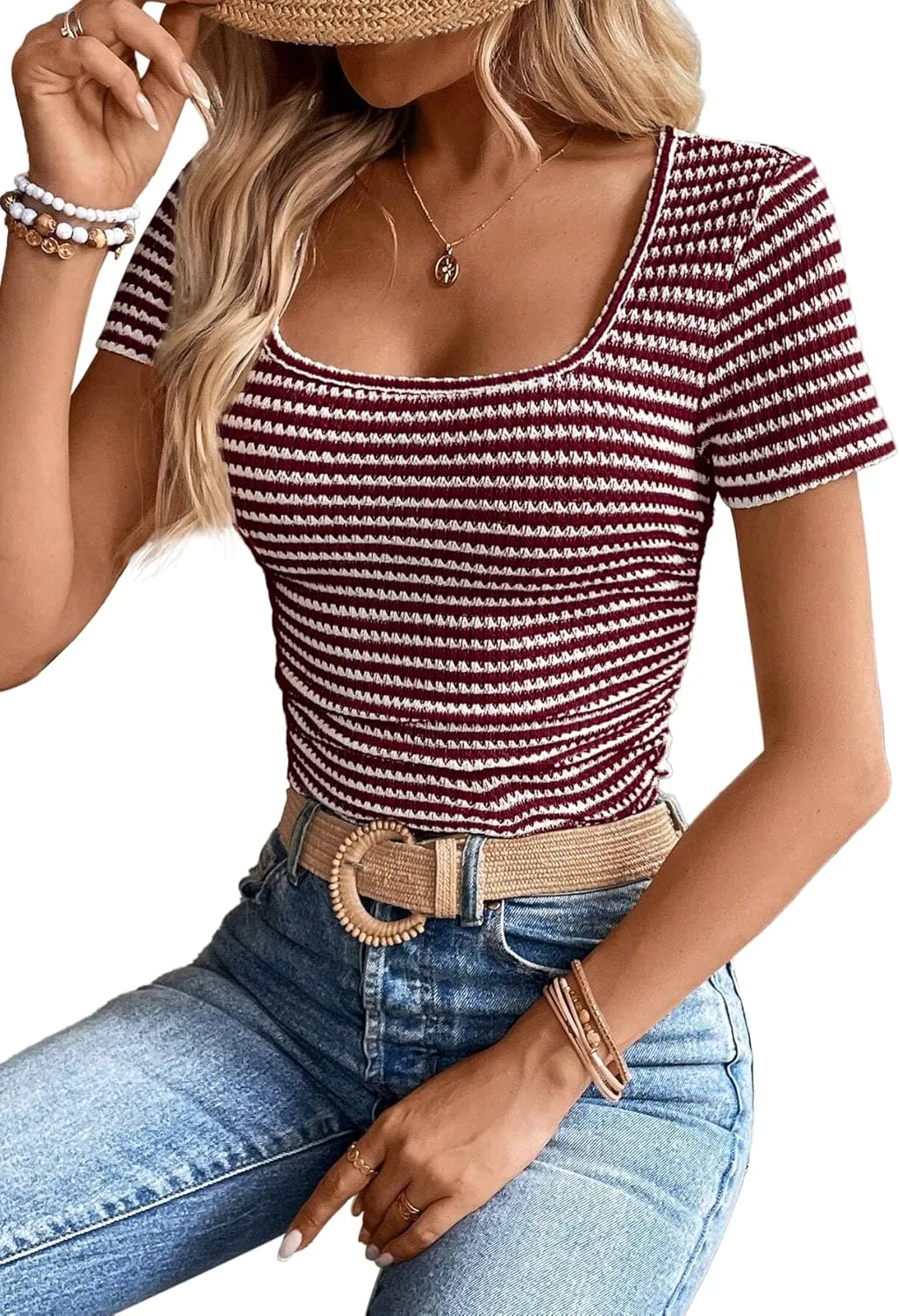 Women Summer Short Sleeve Shirts Ruched Tops Sexy Square Neck Blouses Going Out Knit T Shirt Basic Tees