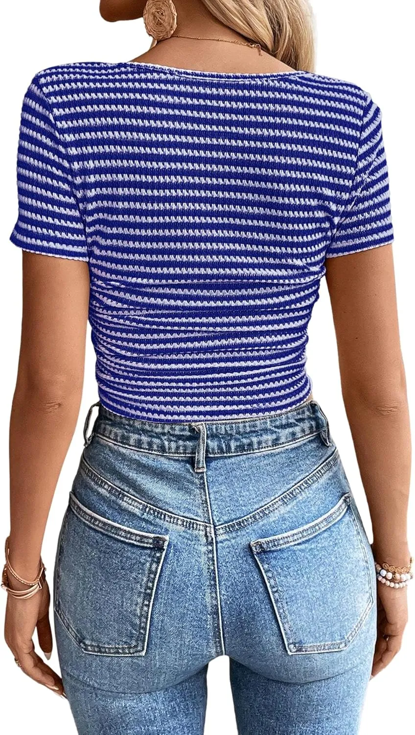 Women Summer Short Sleeve Shirts Ruched Tops Sexy Square Neck Blouses Going Out Knit T Shirt Basic Tees